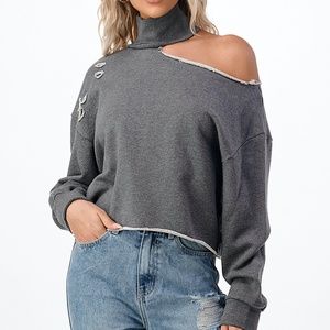 Distressed Sweatshirt With Mock Collar and One Shoulder